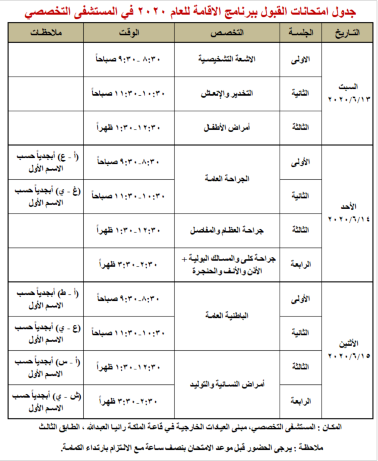 جدول امتحانات القبول ببرنامج الاقامة للعام 2020 في المستشفى التخصصي 