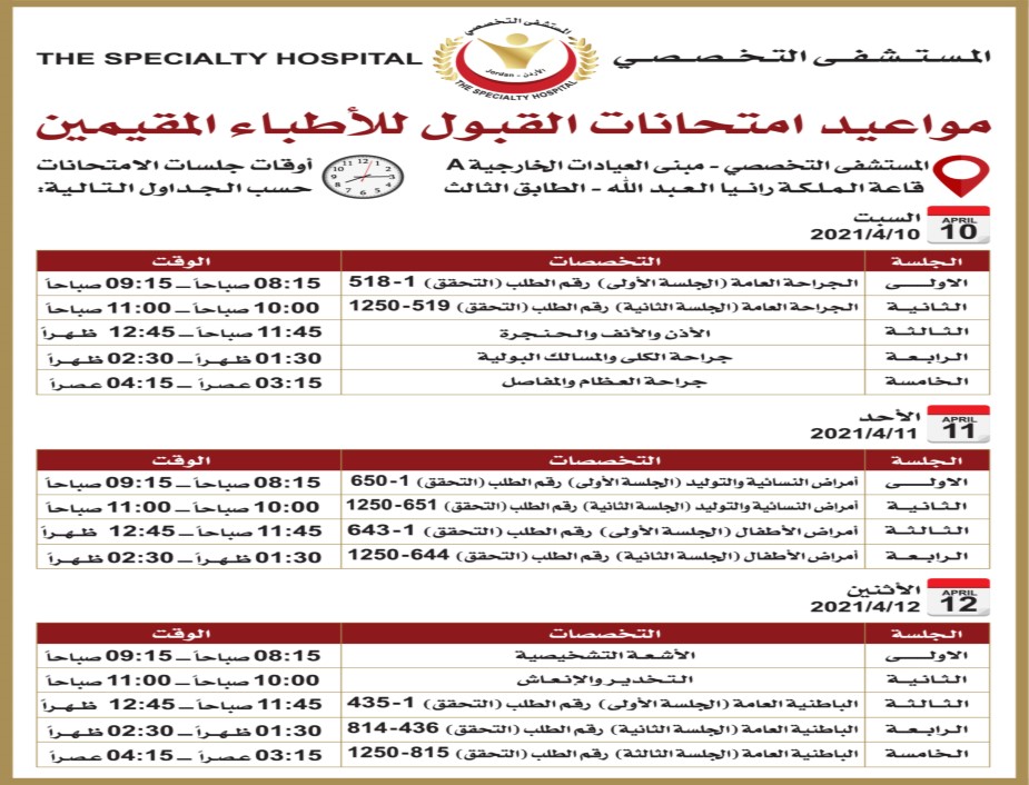 مواعيد امتحانات القبول للأطباء المقيمين